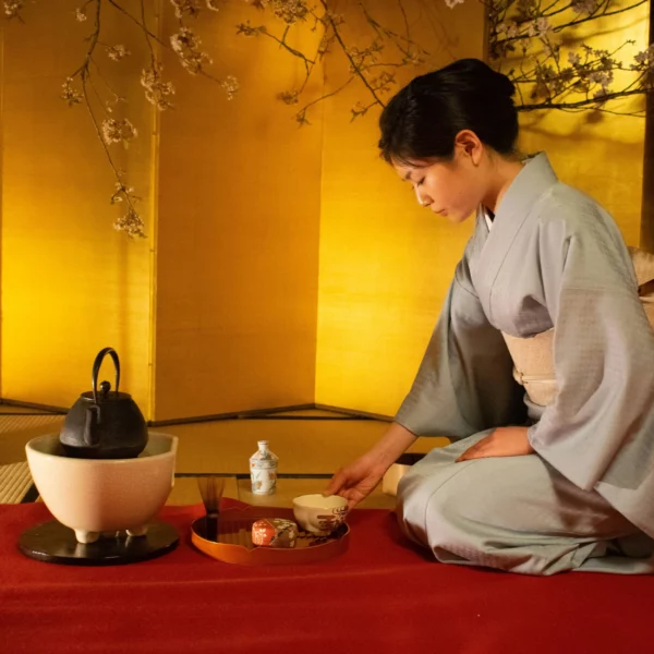 Japanse vrouw in kimono voert een traditionele theeceremonie uit tijdens een rondreis Japan.