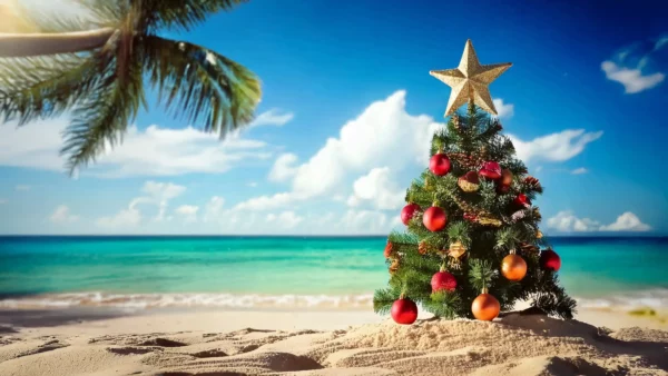 Kerstboom op het strand tijdens kerstvakantie 2025.