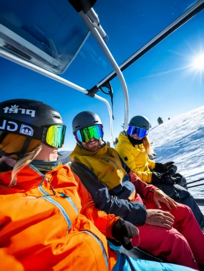 Drie mensen in de skilift op wintersport.