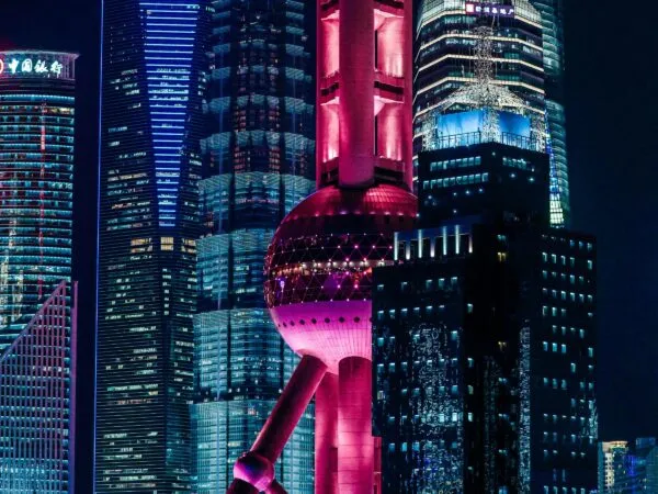 Skyline van Shanghai in de nacht, China.