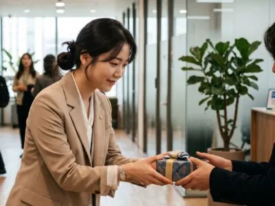 Koreaan neemt cadeau met twee handen over