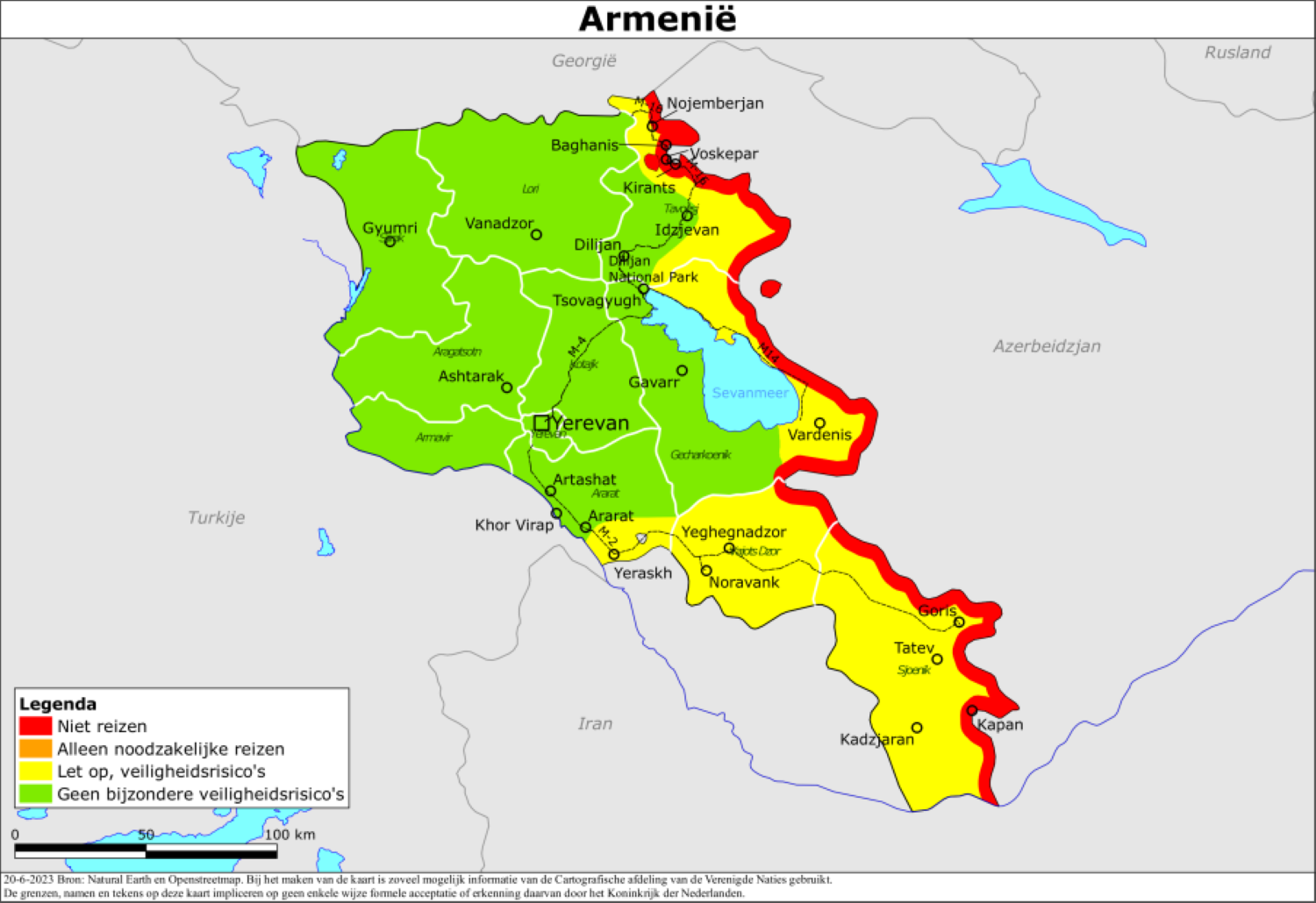 Kaart met het reisadvies van Armenië